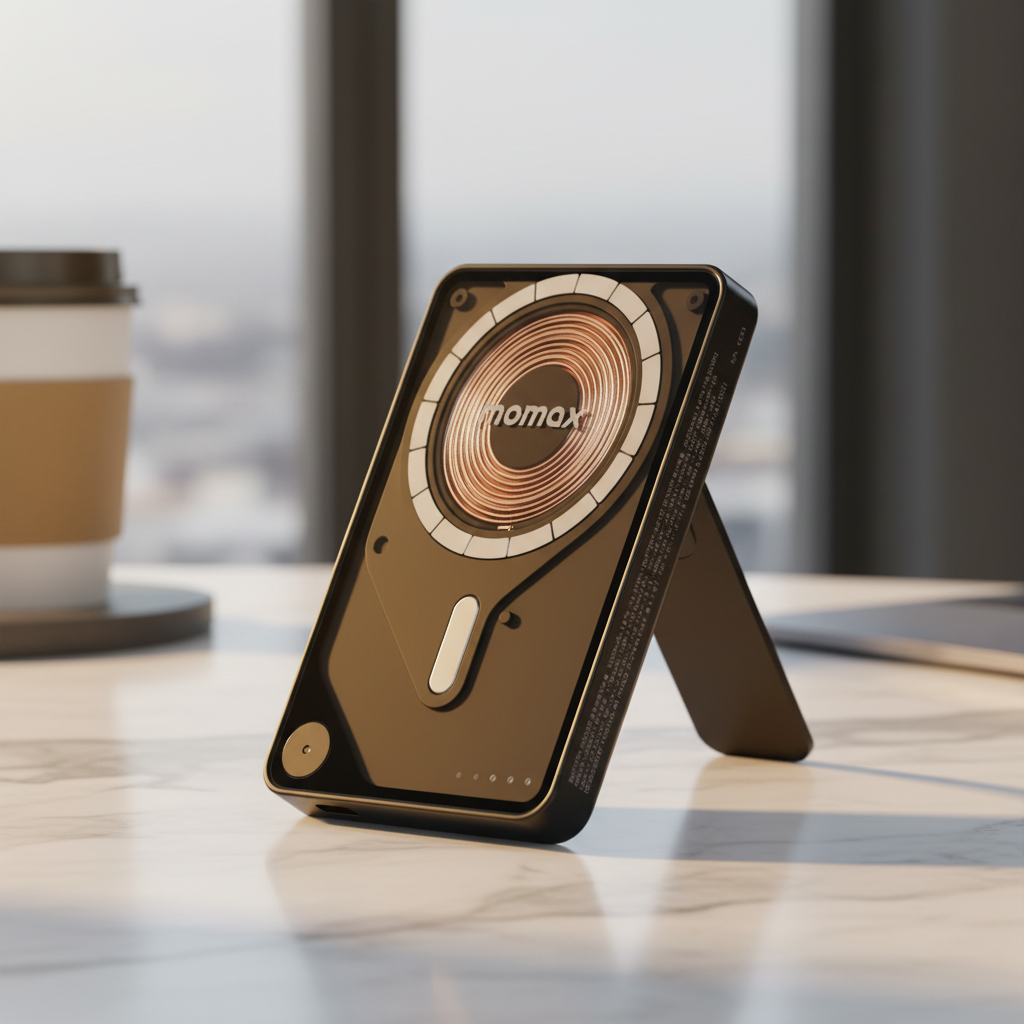 Momax Power X Pro Magnetic Wireless Power Bank – 5000 mAh, Includes Kickstand & Built-in USB-C Cable | Black