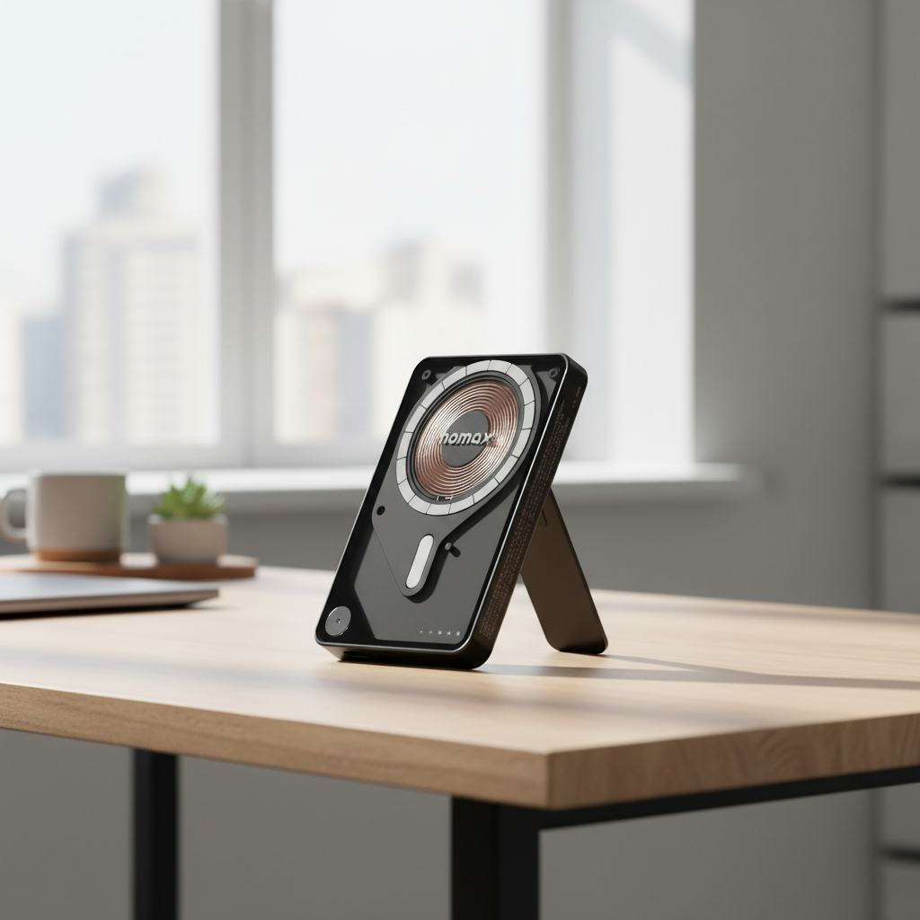 Momax Power X Pro Magnetic Wireless Power Bank – 5000 mAh, Includes Kickstand & Built-in USB-C Cable | Black
