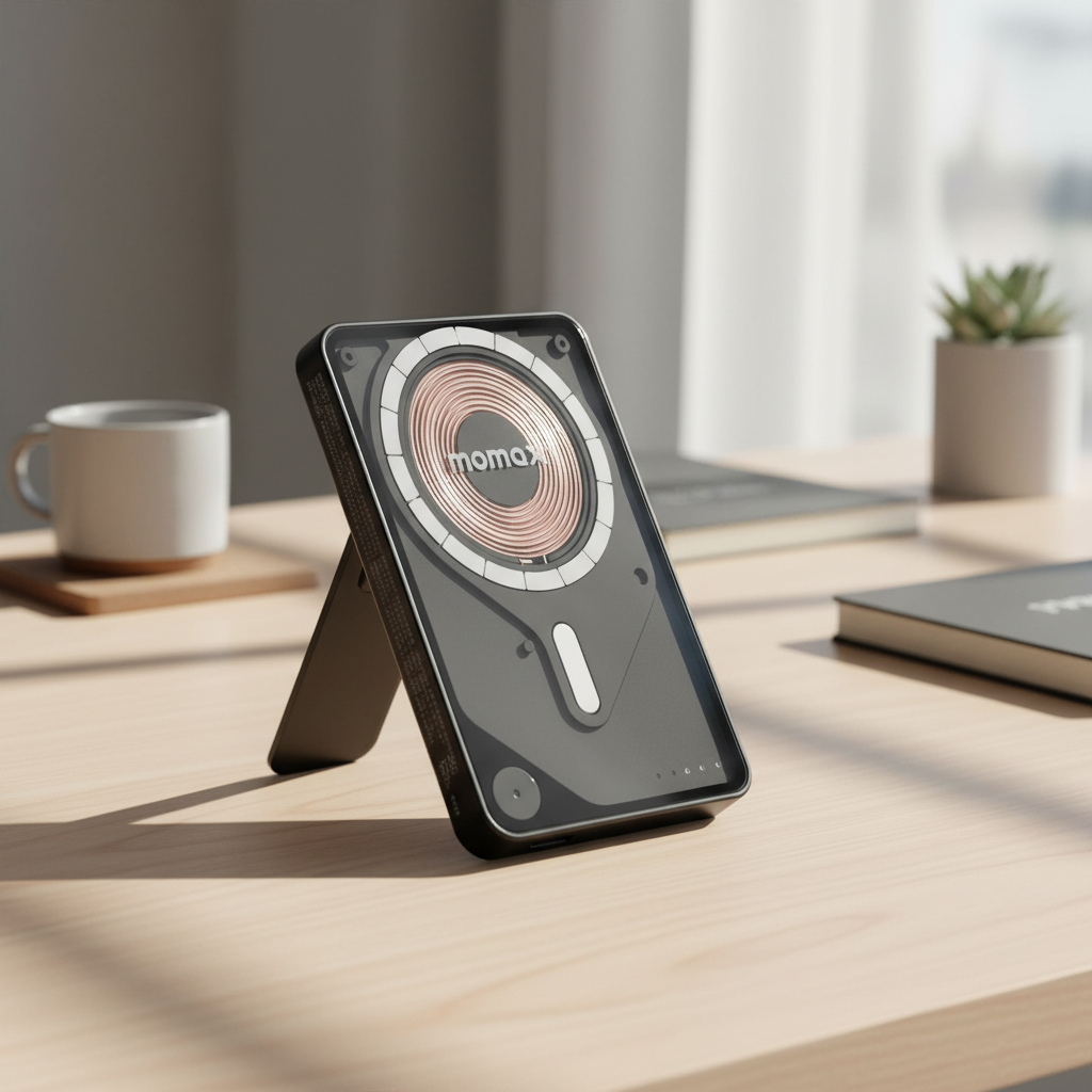 Momax Power X Pro Magnetic Wireless Power Bank – 5000 mAh, Includes Kickstand & Built-in USB-C Cable | Black