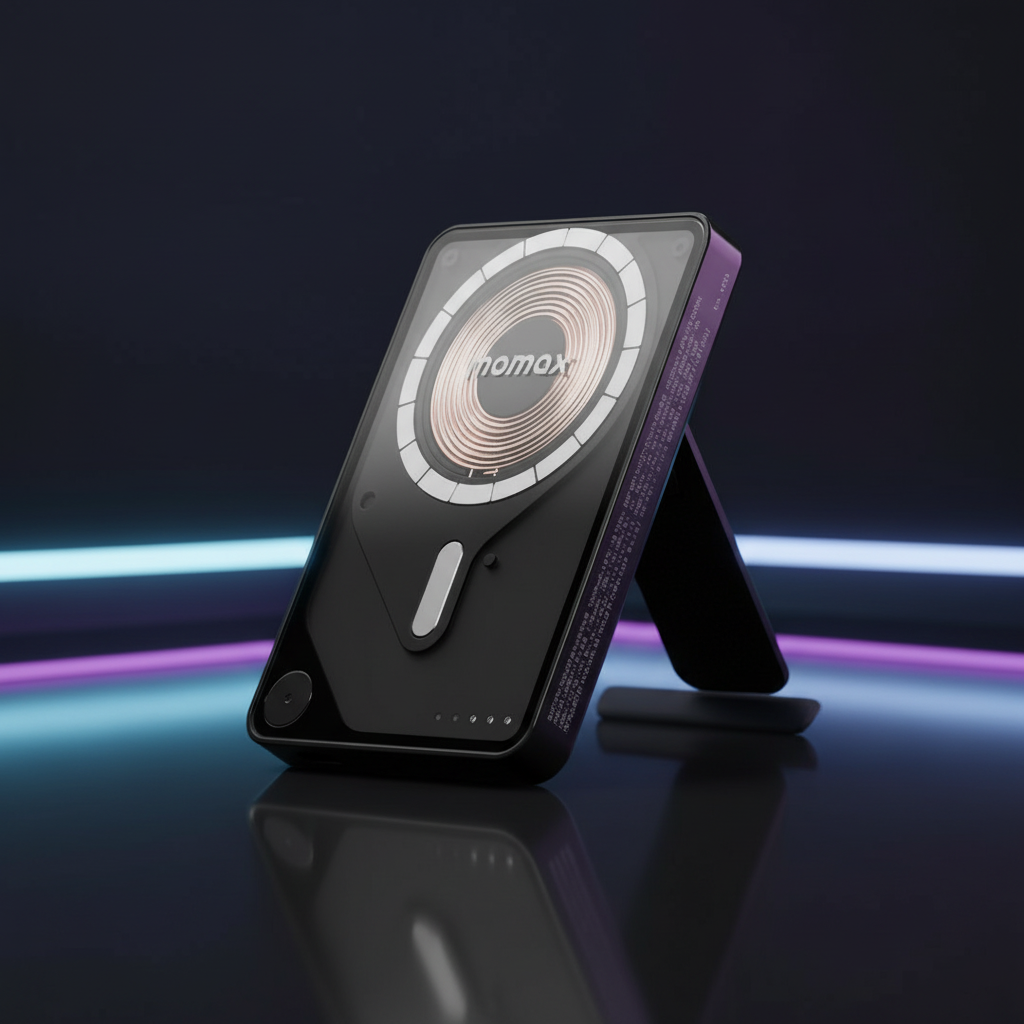 Momax Power X Pro Magnetic Wireless Power Bank – 5000 mAh, Includes Kickstand & Built-in USB-C Cable | Black