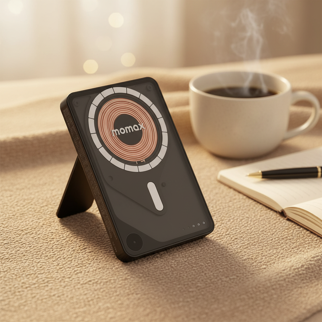 Momax Power X Pro Magnetic Wireless Power Bank – 5000 mAh, Includes Kickstand & Built-in USB-C Cable | Black