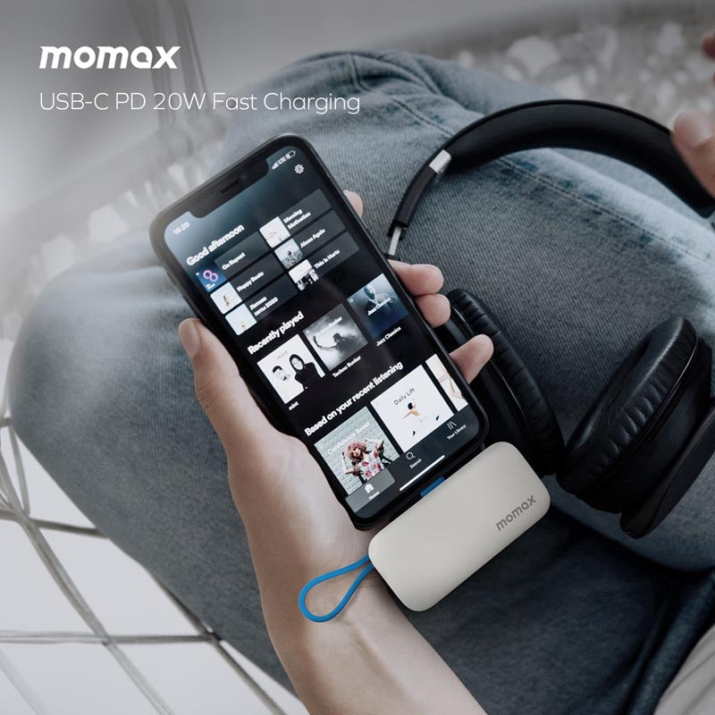 Momax 1-Power Mini 5000mAh Built-in Foldable Lightning and USB-C Power Bank | Black