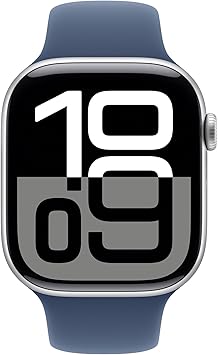 ساعة ابل واتش Series 10 بنظام تحديد المواقع GPS و‌الخلوية 46 ملم بهيكل فضي من الألومنيوم مع سوار رياضي من الدنيم - مقاس M/L