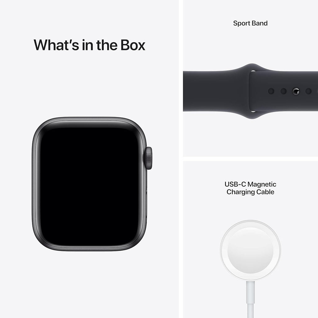 Apple Watch SE GPS + Cellular، مقاس 44 مم، هيكل ألومنيوم رمادي فلكي مع حزام رياضي Midnight – مقاس عادي