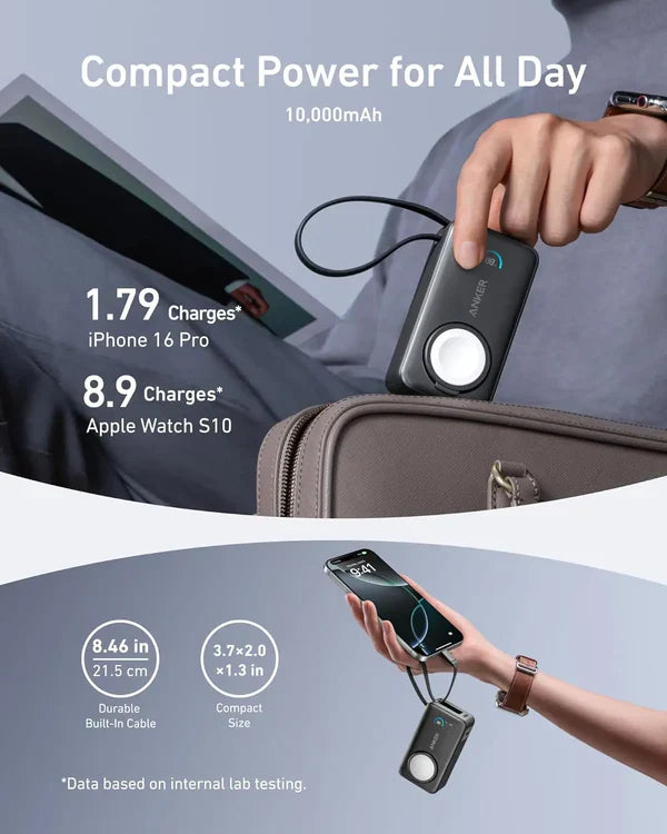 Anker MagGo Power Bank (10K, 35W, For Apple Watch, Built-In USB-C | Black