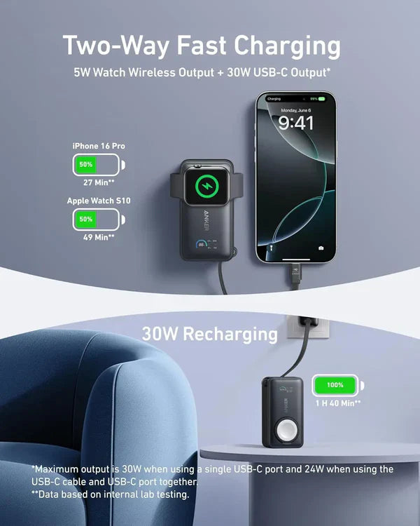 Anker MagGo Power Bank (10K, 35W, For Apple Watch, Built-In USB-C | Black