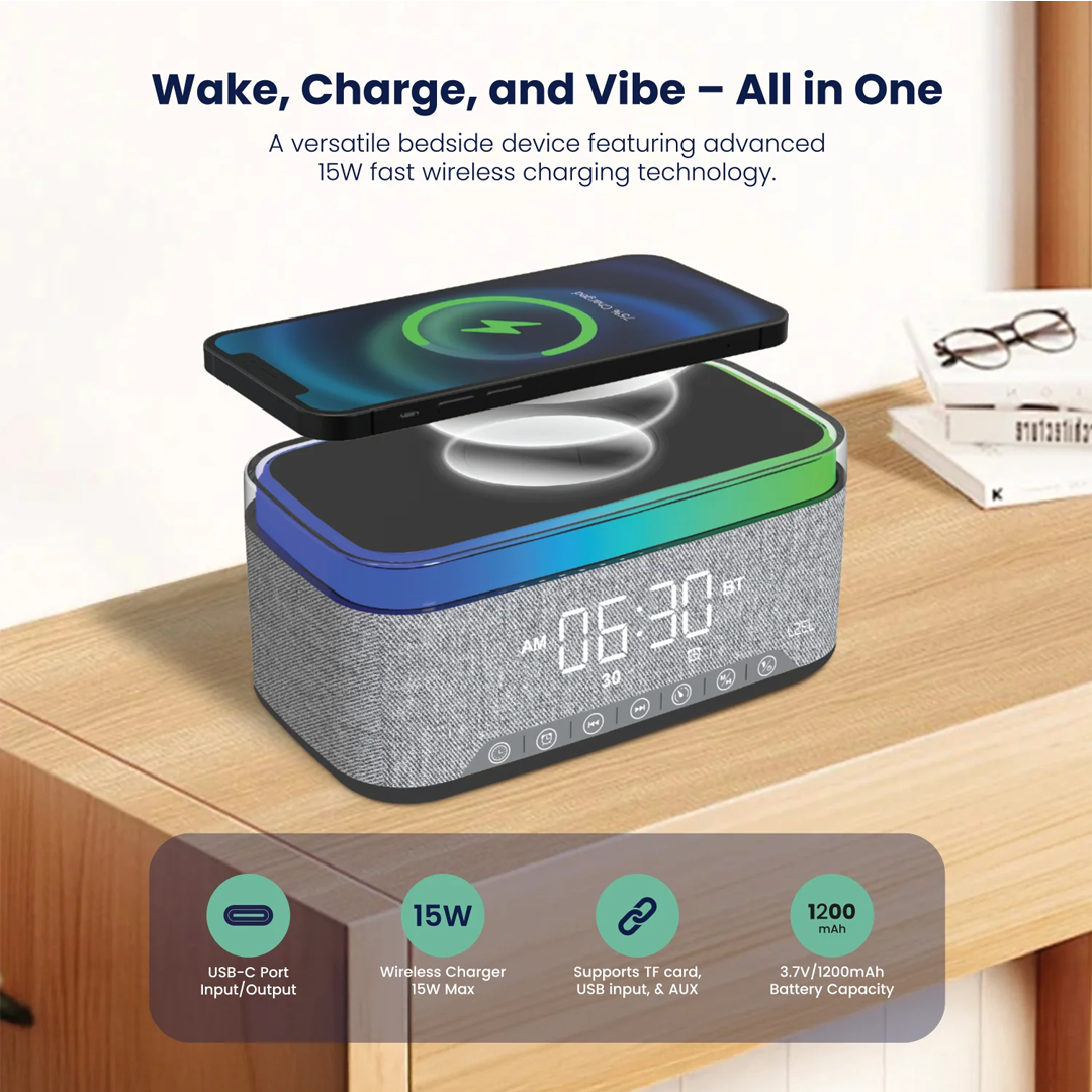 LZEL SonicGlow Wake Multifunctional Speaker – Alarm Clock & Wireless Charging Dock