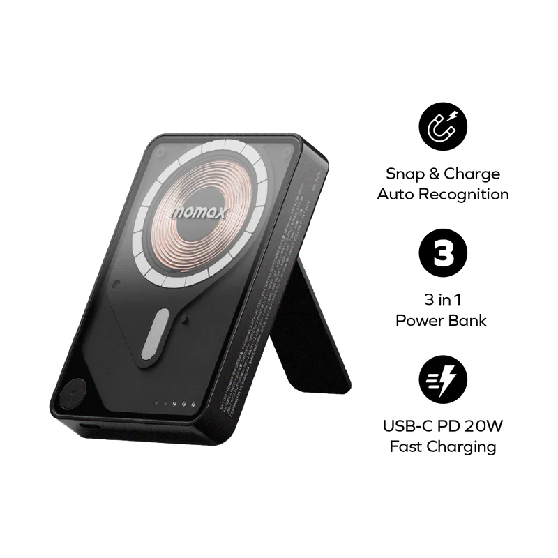 Momax 1-Power X Pro+ Magnetic Wireless Power Bank 10000mAh With Built-In USB-C Cable | Black