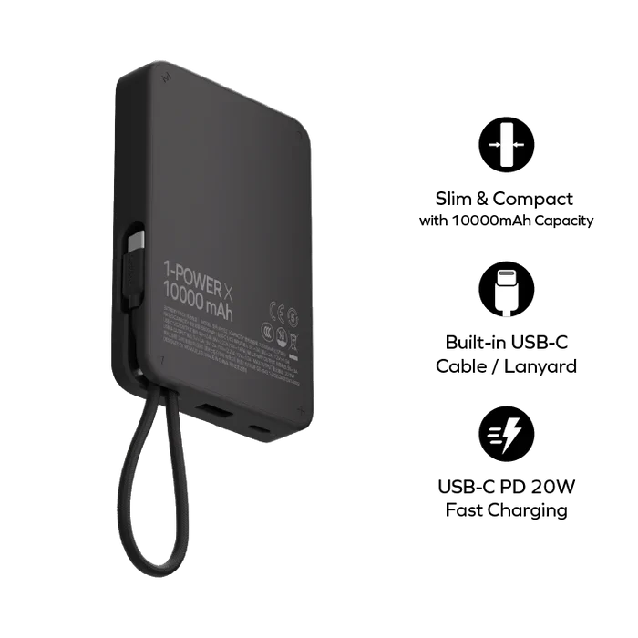 Momax 1-Power X Power Bank 10000mAh With Built-in USB-C Cable | Black