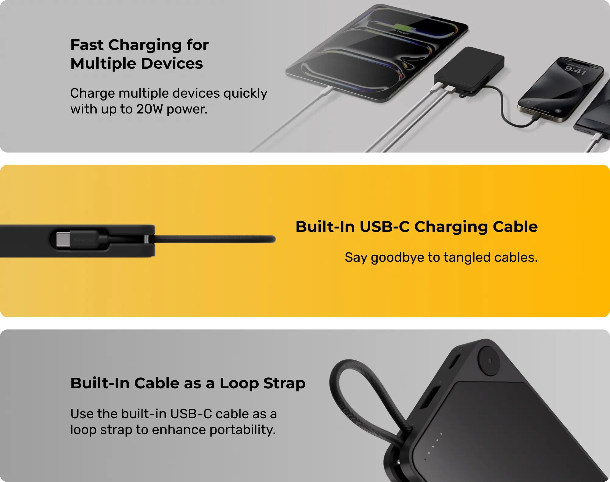 Momax 1-Power X Power Bank 10000mAh With Built-in USB-C Cable | Black