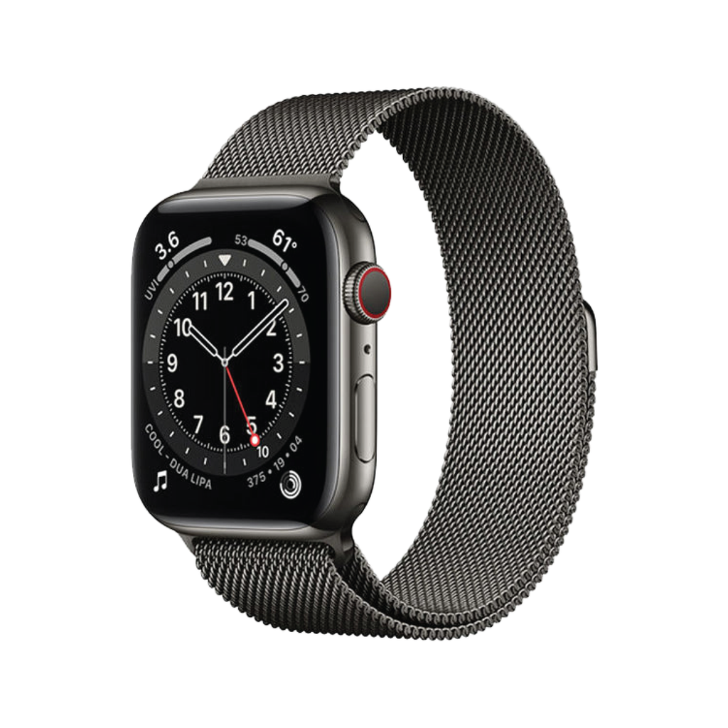 Apple Watch Series 6 GPS + Cellular، مقاس 44 مم، إطار من الستانلس ستيل باللون الرصاصي مع حلقة ميلانو باللون الرصاصي
