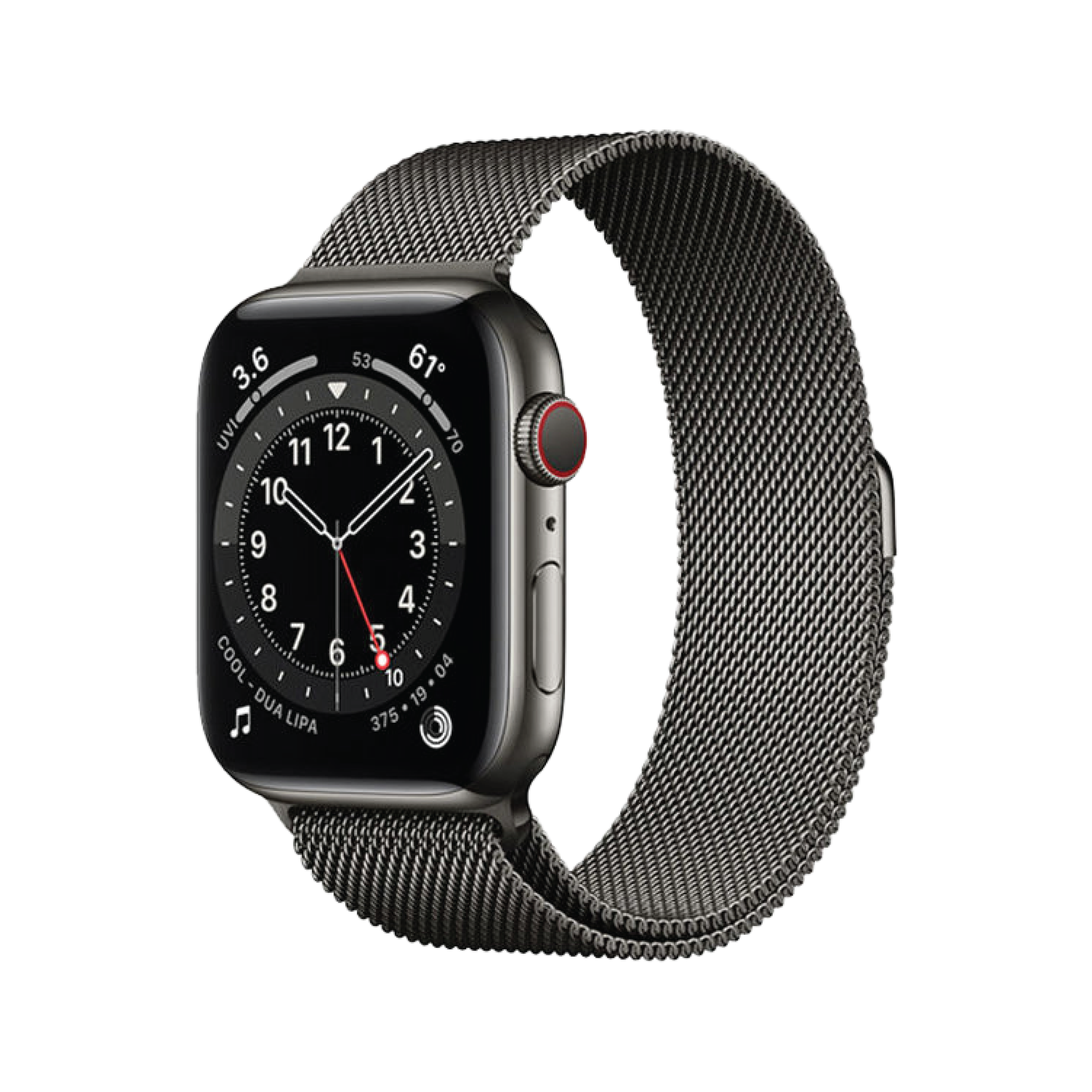 Apple Watch Series 6 GPS + Cellular، مقاس 44 مم، إطار من الستانلس ستيل باللون الرصاصي مع حلقة ميلانو باللون الرصاصي