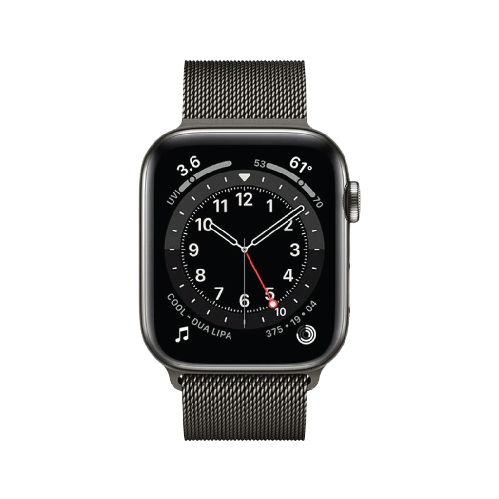 Apple Watch Series 6 GPS + Cellular، مقاس 44 مم، إطار من الستانلس ستيل باللون الرصاصي مع حلقة ميلانو باللون الرصاصي
