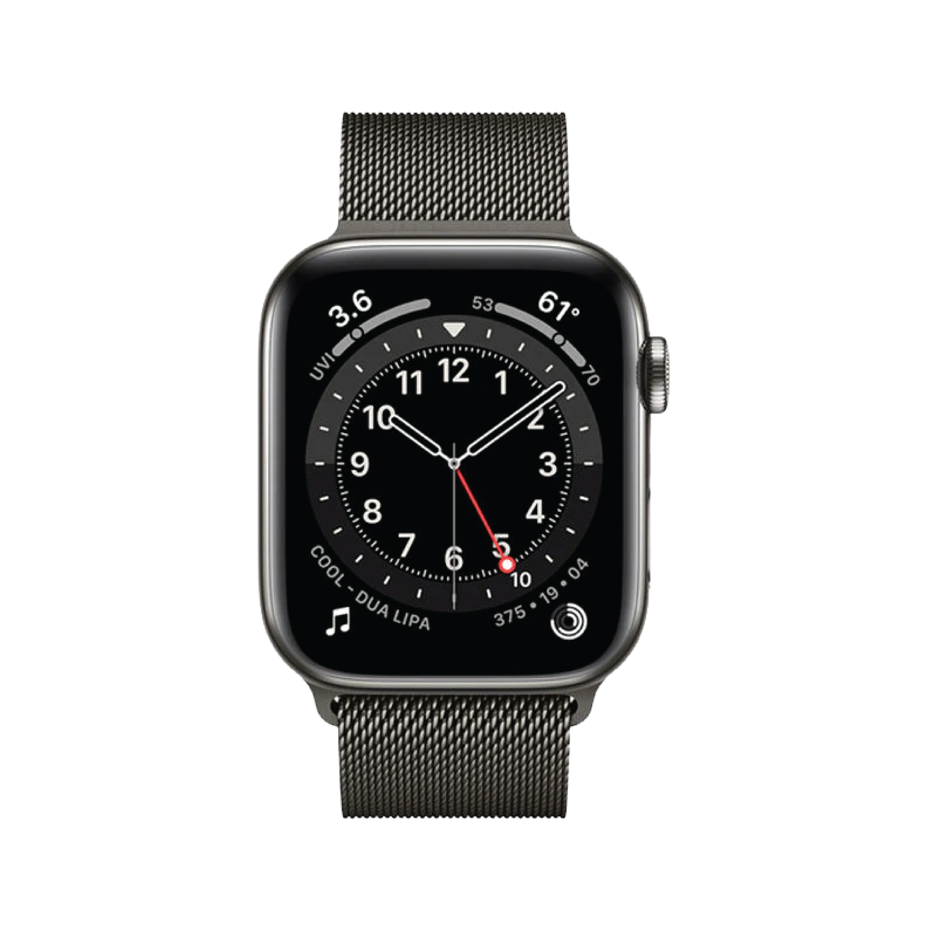 Apple Watch Series 6 GPS + Cellular، مقاس 44 مم، إطار من الستانلس ستيل باللون الرصاصي مع حلقة ميلانو باللون الرصاصي