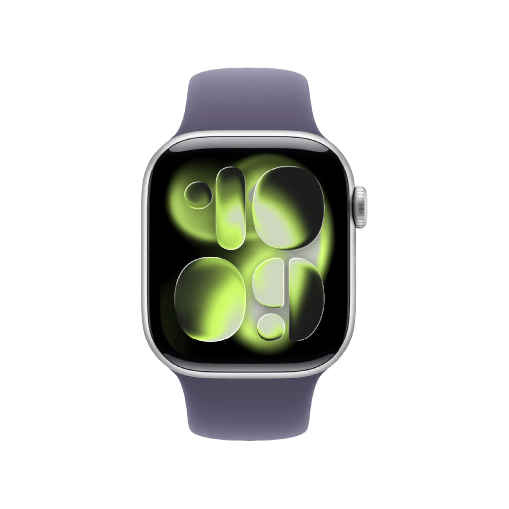 ساعة Apple Watch Series 11 - بنظام تحديد المواقع GPS - مقاس 42 ملم - هيكل فضي من الألومنيوم مع سوار رياضي بلون ضبابي أرجواني - مقاس M/L