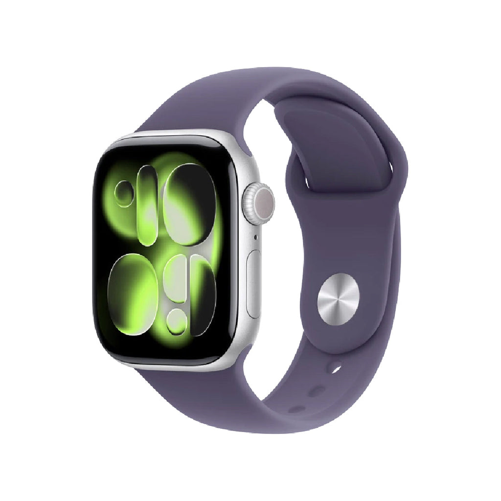 ساعة Apple Watch Series 11 - بنظام تحديد المواقع GPS - مقاس 42 ملم - هيكل فضي من الألومنيوم مع سوار رياضي بلون ضبابي أرجواني - مقاس M/L
