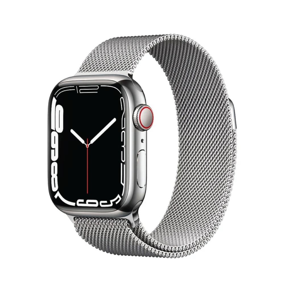 Apple Watch Series 7 GPS + Cellular، 41 مم هيكل ستانلس ستيل فضي مع حلقة ميلانو فضية