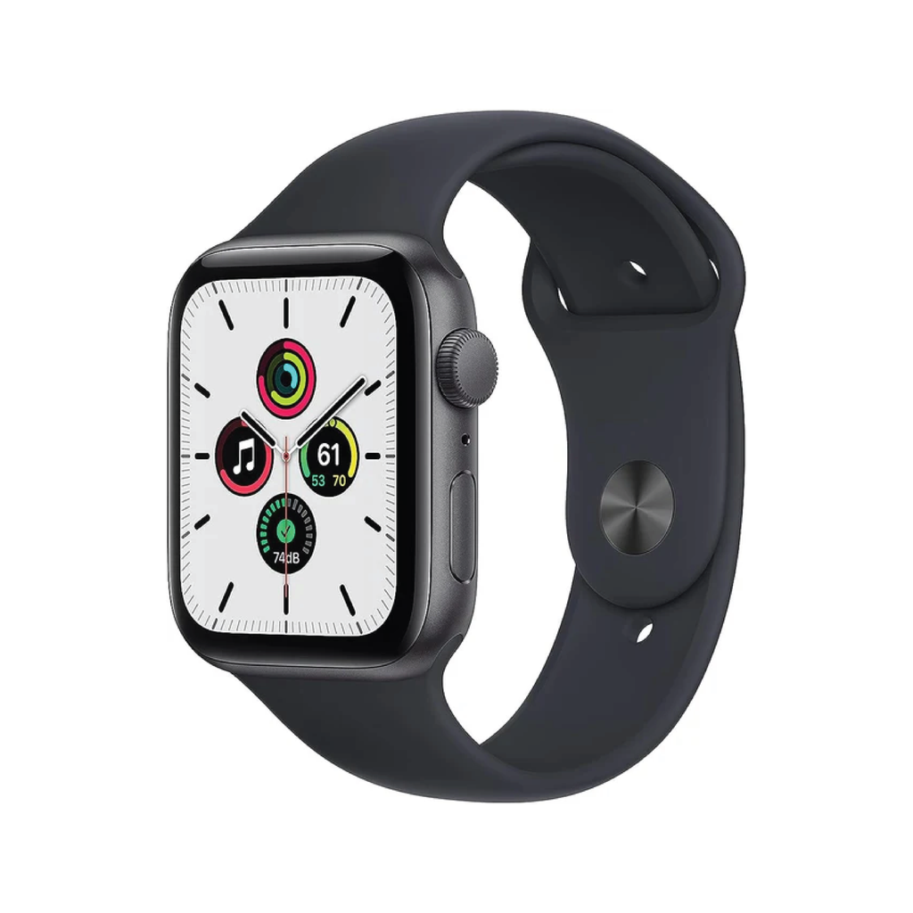 Apple Watch SE GPS + Cellular، مقاس 44 مم، هيكل ألومنيوم رمادي فلكي مع حزام رياضي Midnight – مقاس عادي