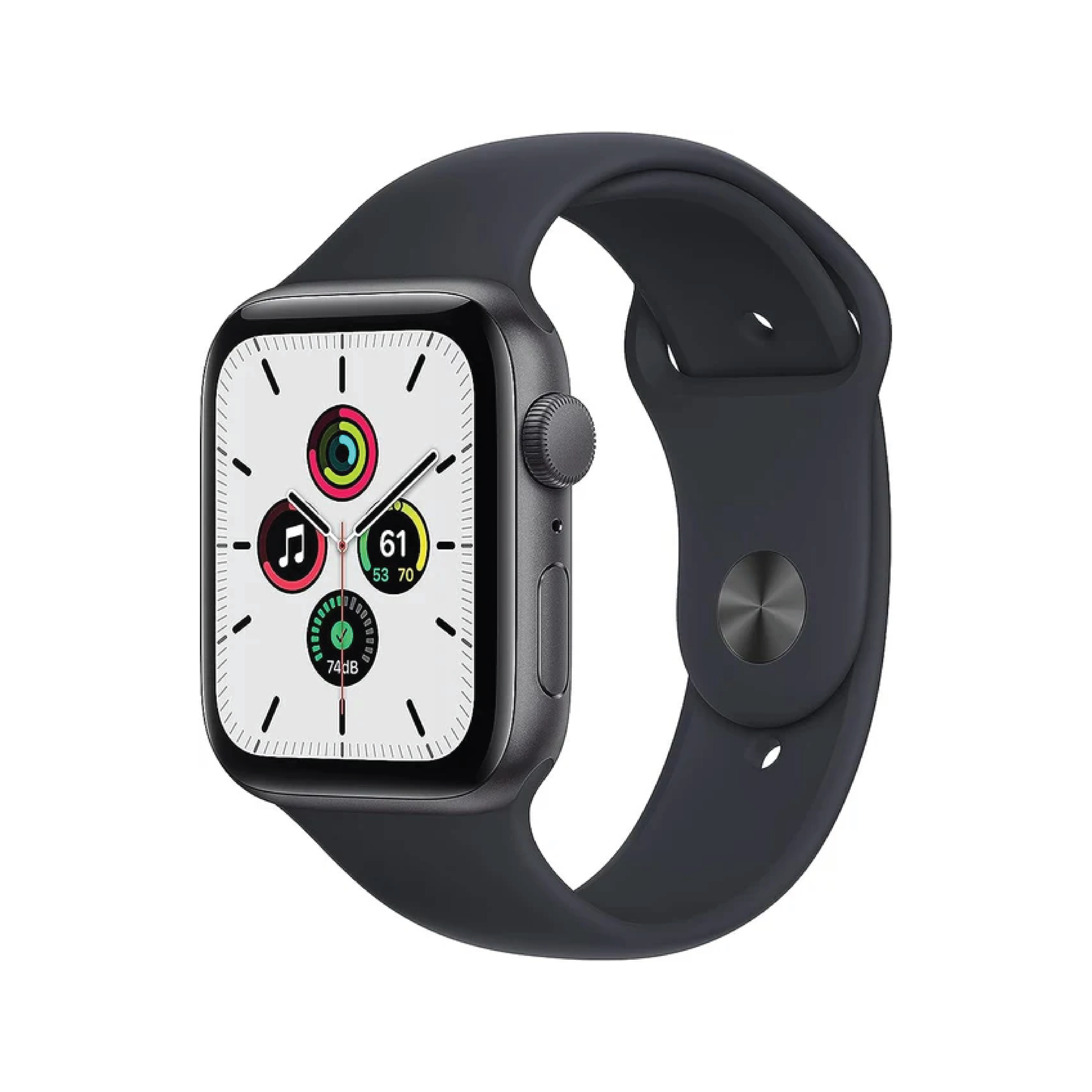 Apple Watch SE GPS + Cellular، مقاس 44 مم، هيكل ألومنيوم رمادي فلكي مع حزام رياضي Midnight – مقاس عادي