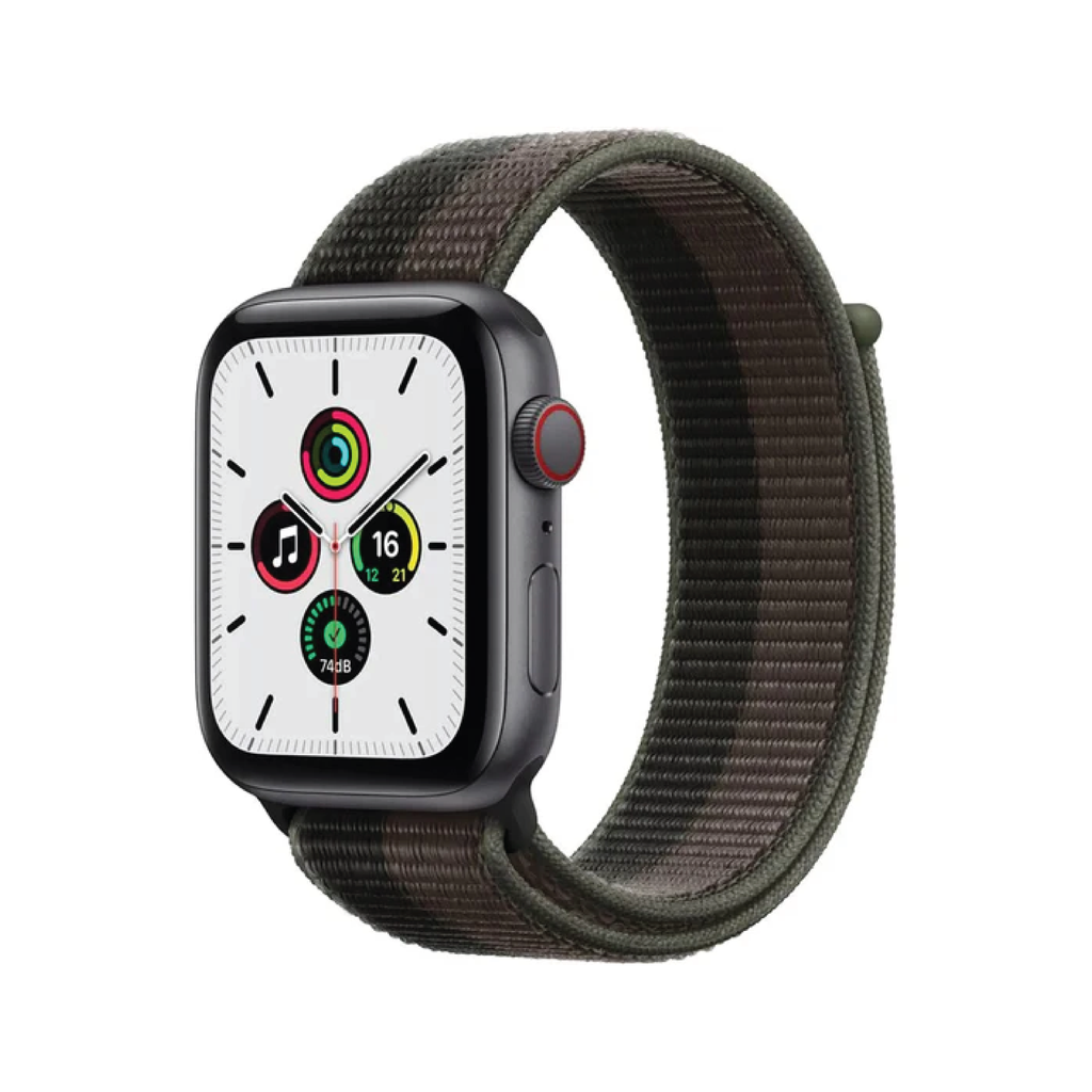 ساعة Apple Watch SE بنظام تحديد المواقع GPS والاتصال الخلوي، مقاس 44 مم، بهيكل من الألومنيوم الرمادي الفلكي مع سوار رياضي Tornado/Grey
