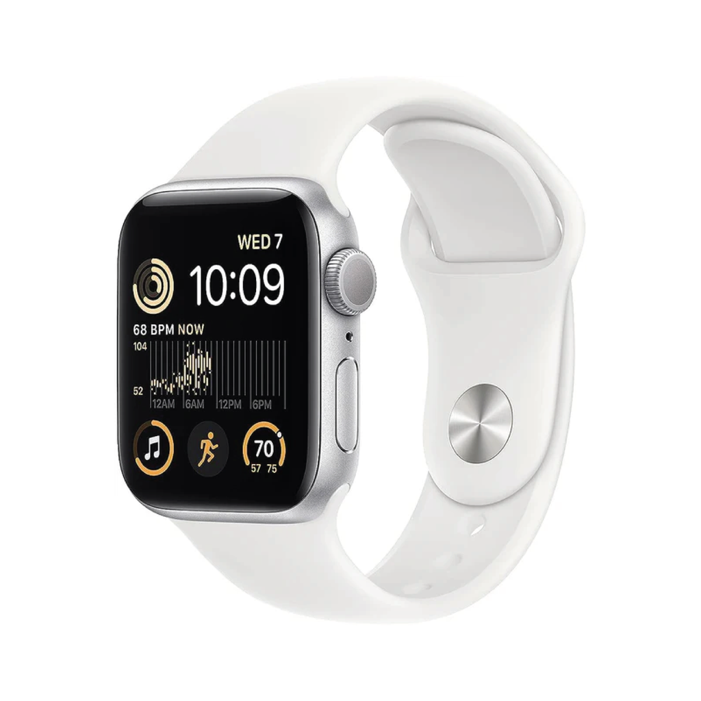 Apple Watch SE بنظام تحديد المواقع GPS وخدمة الاتصال الخلوي 40 مم هيكل ألومنيوم فضي مع حزام رياضي أبيض | عادي