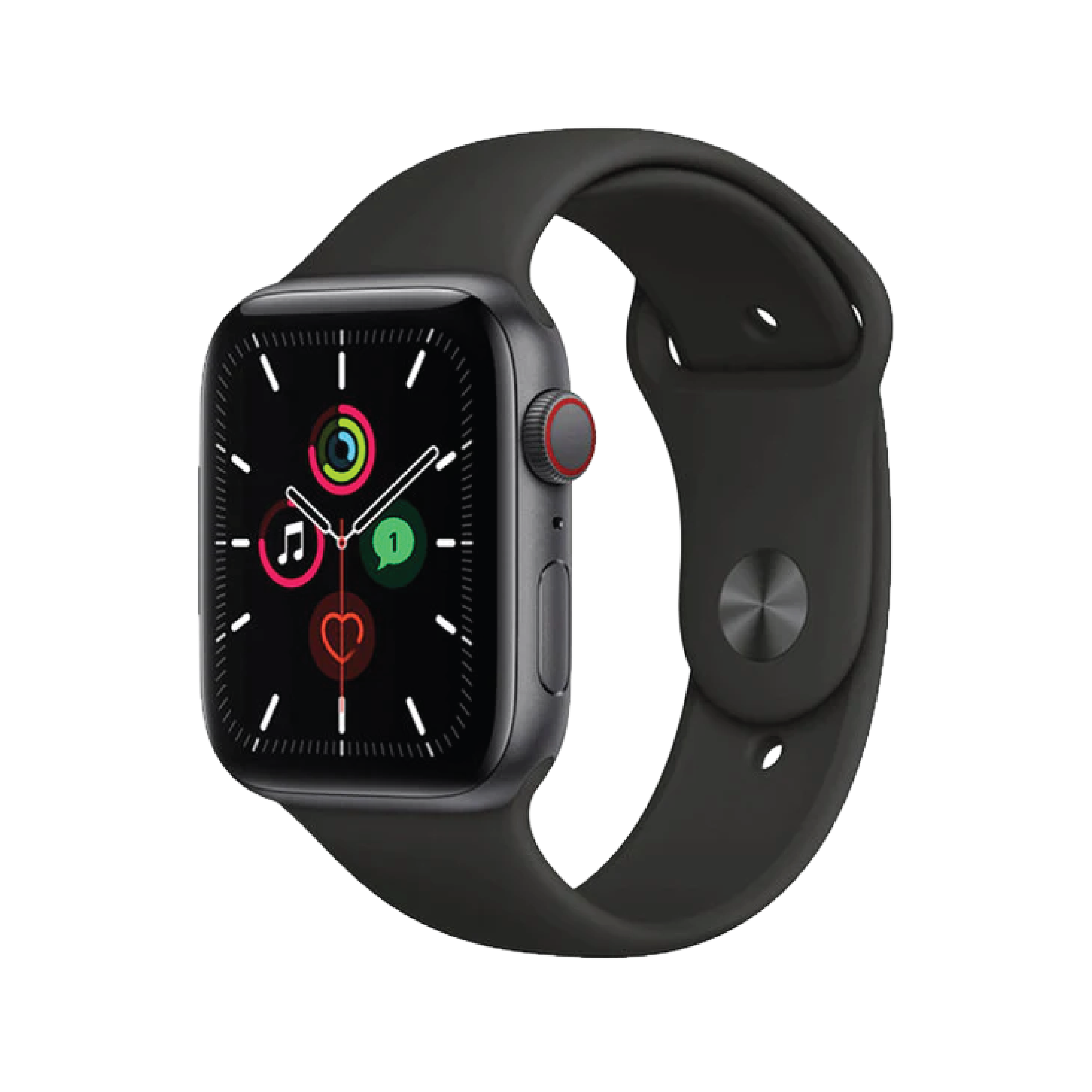 Apple Watch SE GPS + Cellular، مقاس 44 مم، هيكل ألومنيوم رمادي فلكي مع حزام رياضي أسود - مقاس عادي