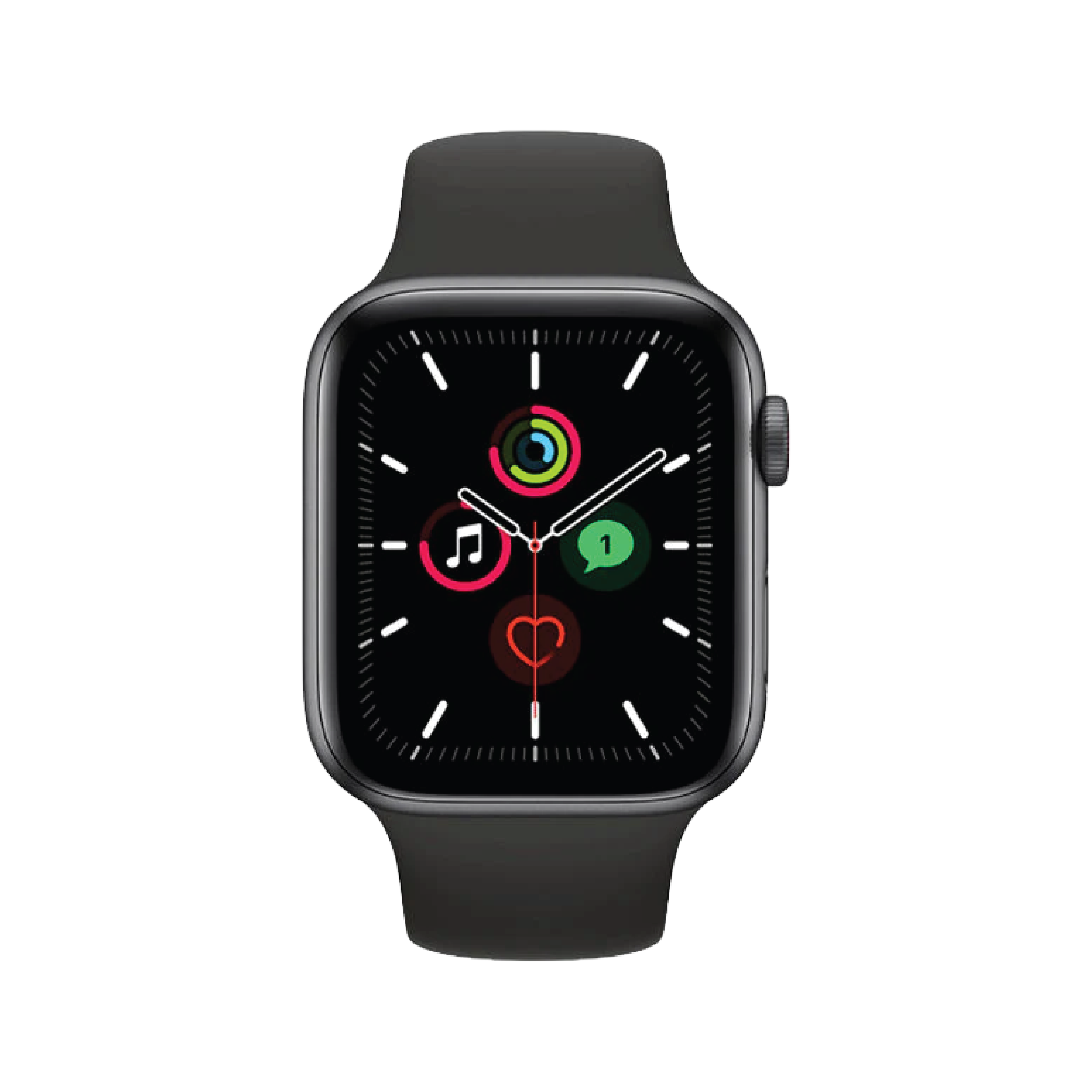 Apple Watch SE GPS + Cellular، مقاس 44 مم، هيكل ألومنيوم رمادي فلكي مع حزام رياضي أسود - مقاس عادي