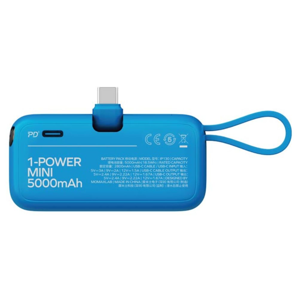 Momax 1-Power Mini 5000mAh Bulit-in foldable USB-C Battery pack | Blue