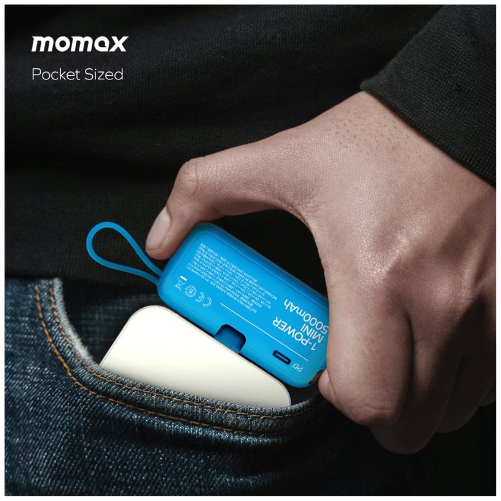 بطارية متنقلة صغيرة 1-Power من Momax بسعة 5000 مللي أمبير في الساعة مع USB-C مدمج قابل للطي | أزرق
