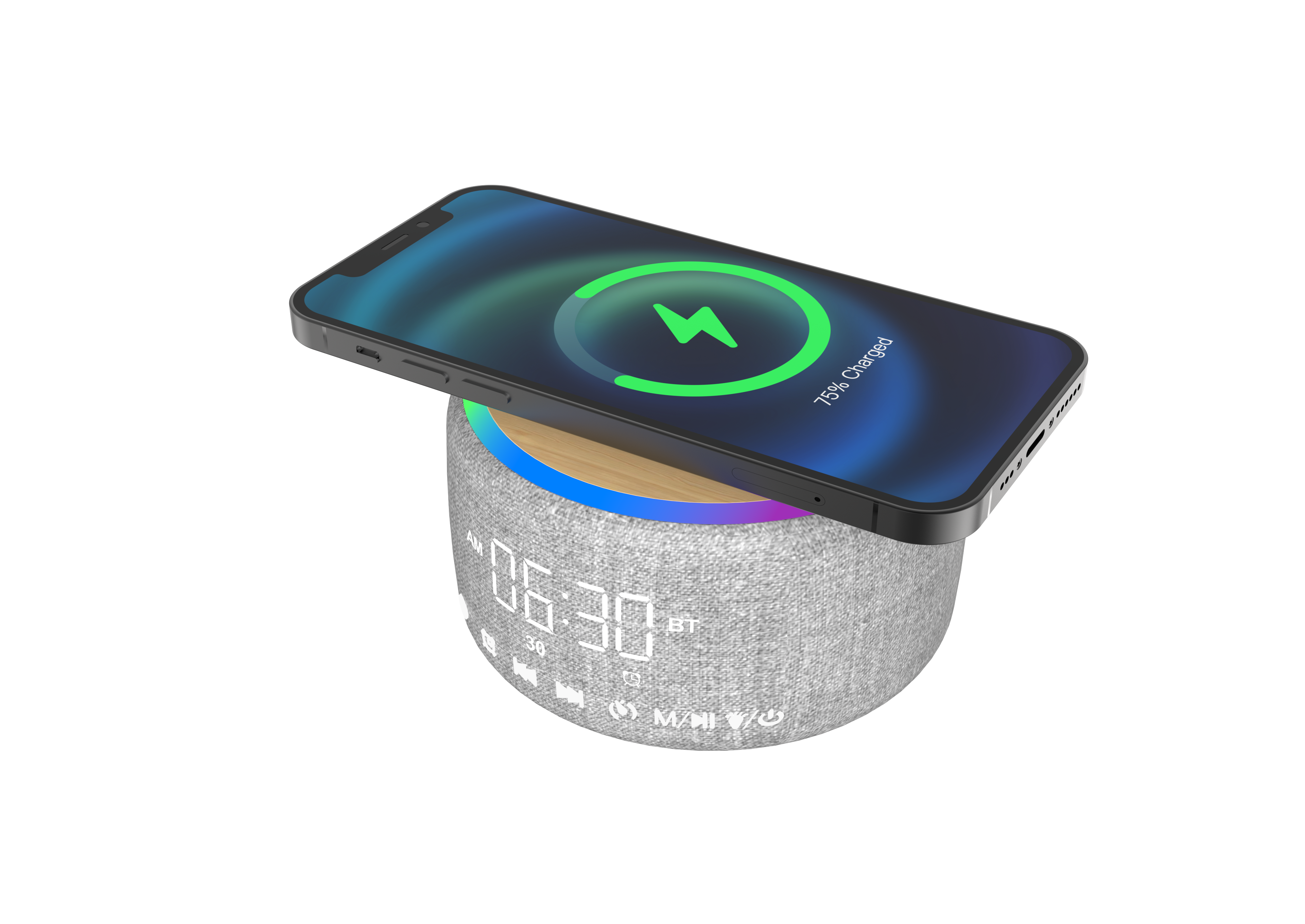 LZEL SonicGlow Horizon  Wake Multifunctional Speaker – Alarm Clock & Wireless Charging Dock | Bamboo/Gray