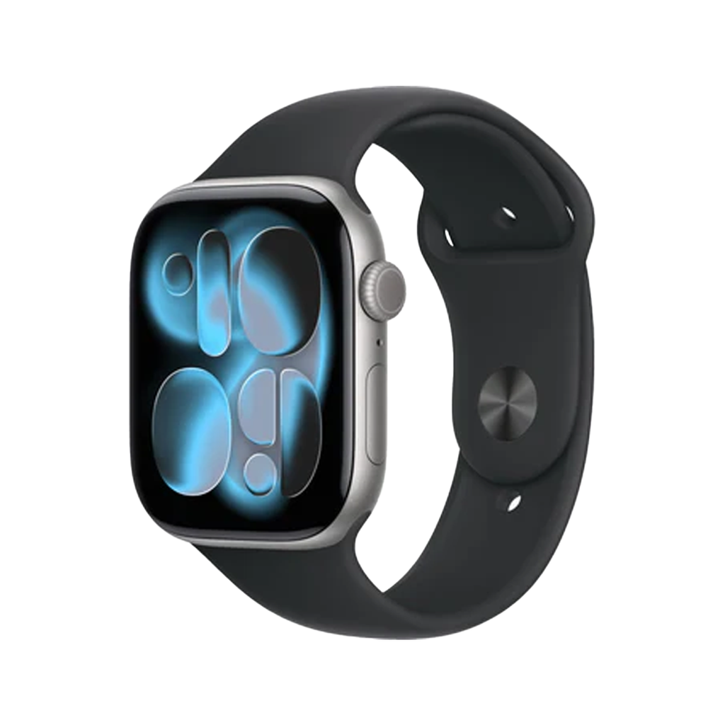 Apple Watch Series 11 - GPS - 46 مم - هيكل ألومنيوم رمادي فلكي مع سوار رياضي أسود - M/L