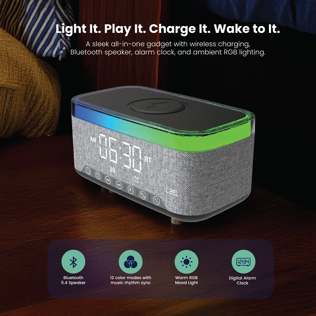 LZEL SonicGlow Wake Multifunctional Speaker – Alarm Clock & Wireless Charging Dock