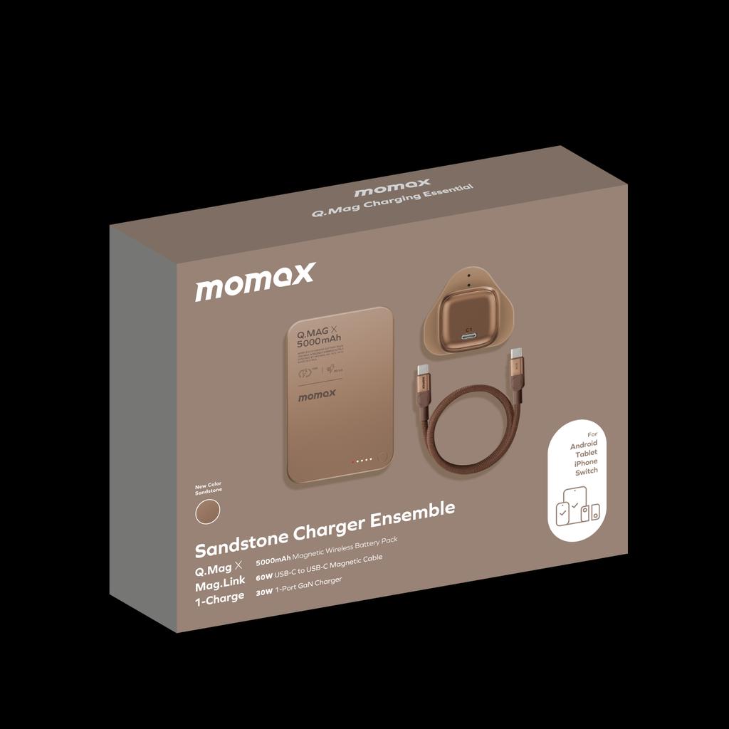 Momax 1-charge Gan 30w 1 Port Charger + 60w Usb-c To Usb-c Magnetic Cable 1m + 5000mah Magnetic Wireless Power Bank
