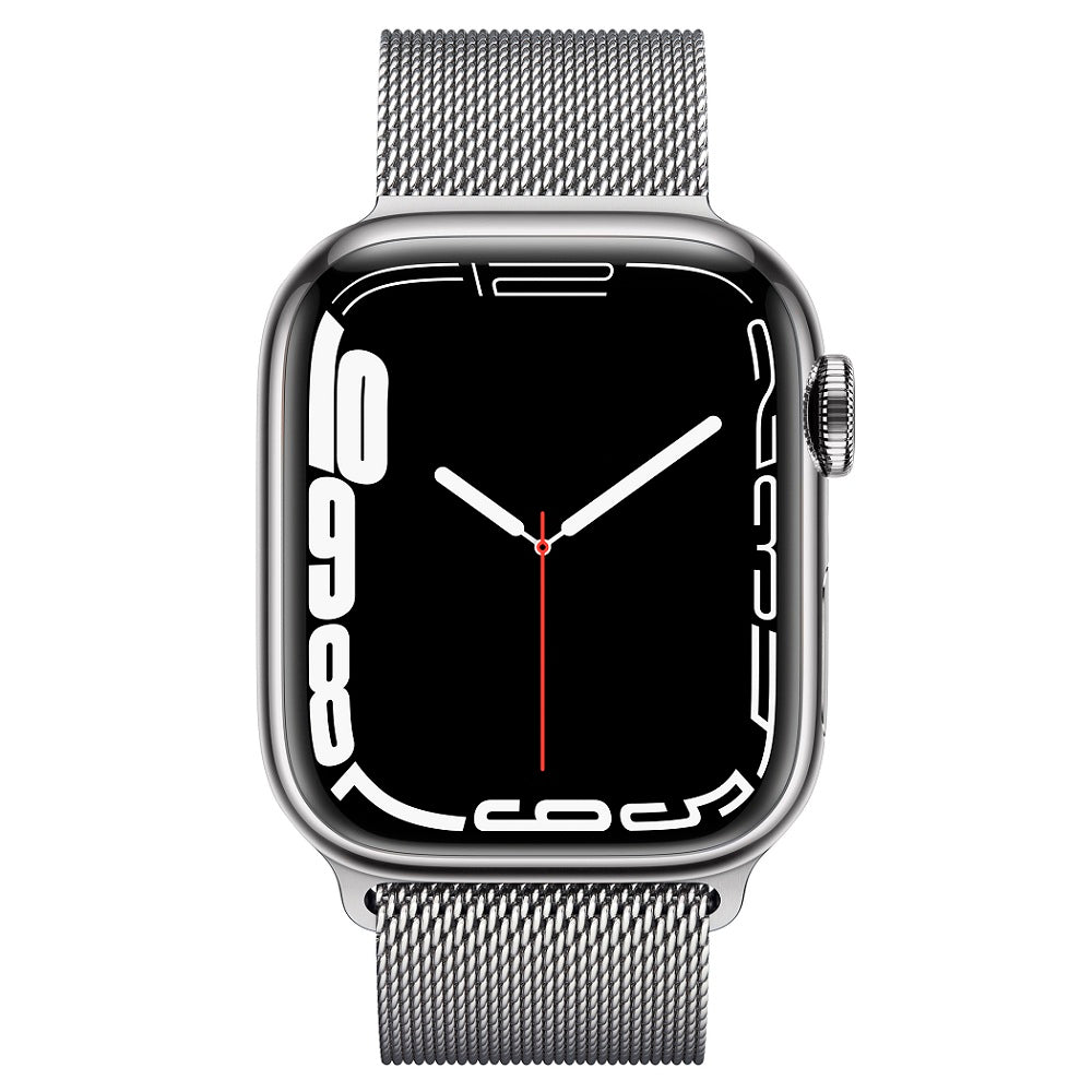 Apple Watch Series 7 GPS + Cellular، 41 مم هيكل ستانلس ستيل فضي مع حلقة ميلانو فضية