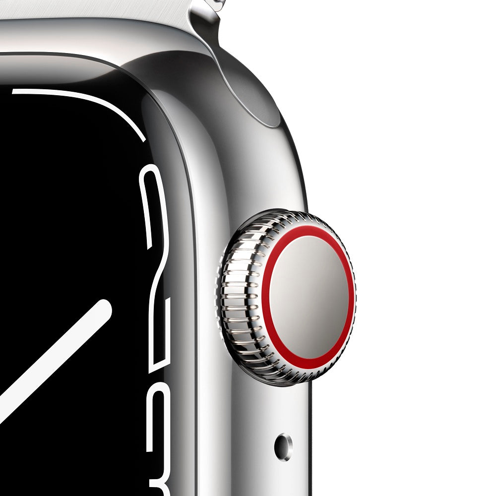 Apple Watch Series 7 GPS + Cellular، 41 مم هيكل ستانلس ستيل فضي مع حلقة ميلانو فضية