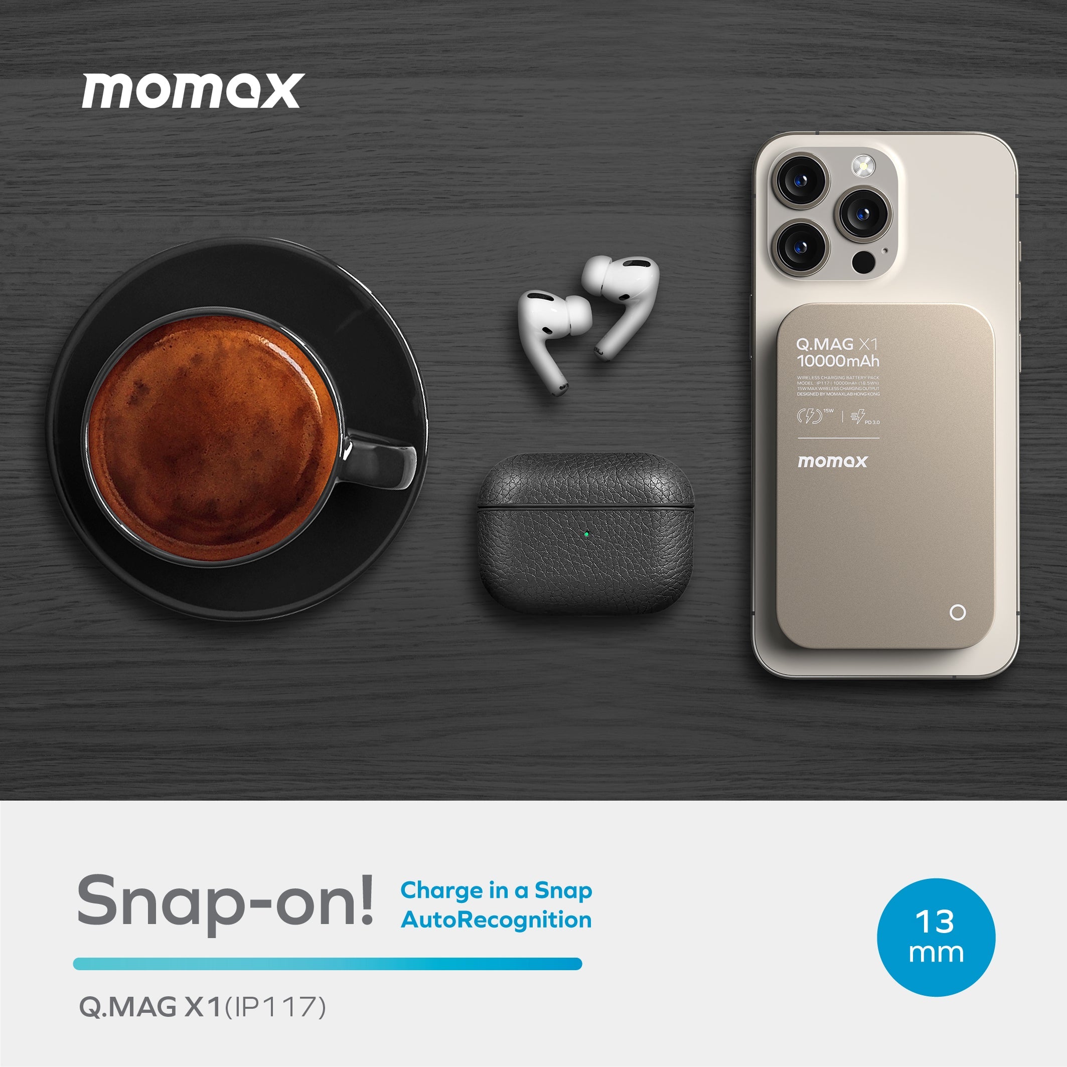 Momax Q.mag X1 10000mAh Magnetic Wireless Battery Pack | Titanium Natural