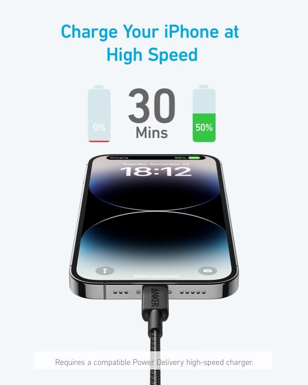 Anker 322 كابل USB-C إلى Lightning مضفر (0.9 متر/3 قدم) | أسود