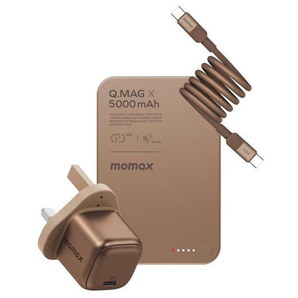 Momax 1-charge Gan 30w 1 Port Charger + 60w Usb-c To Usb-c Magnetic Cable 1m + 5000mah Magnetic Wireless Power Bank