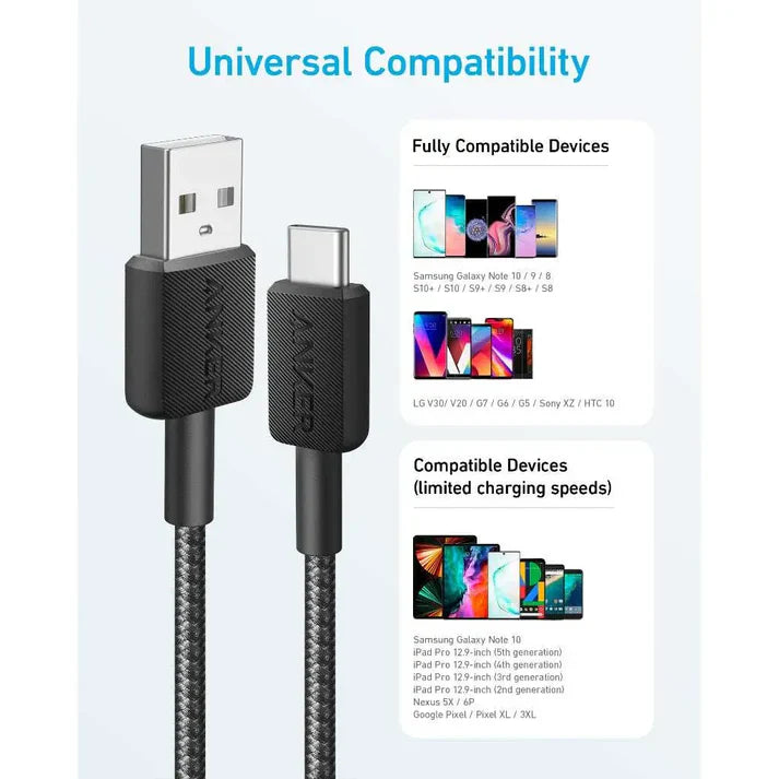 كابل أنكر 322 مضفر USB-A إلى USB-C بطول 3 أقدام (0.9 متر)